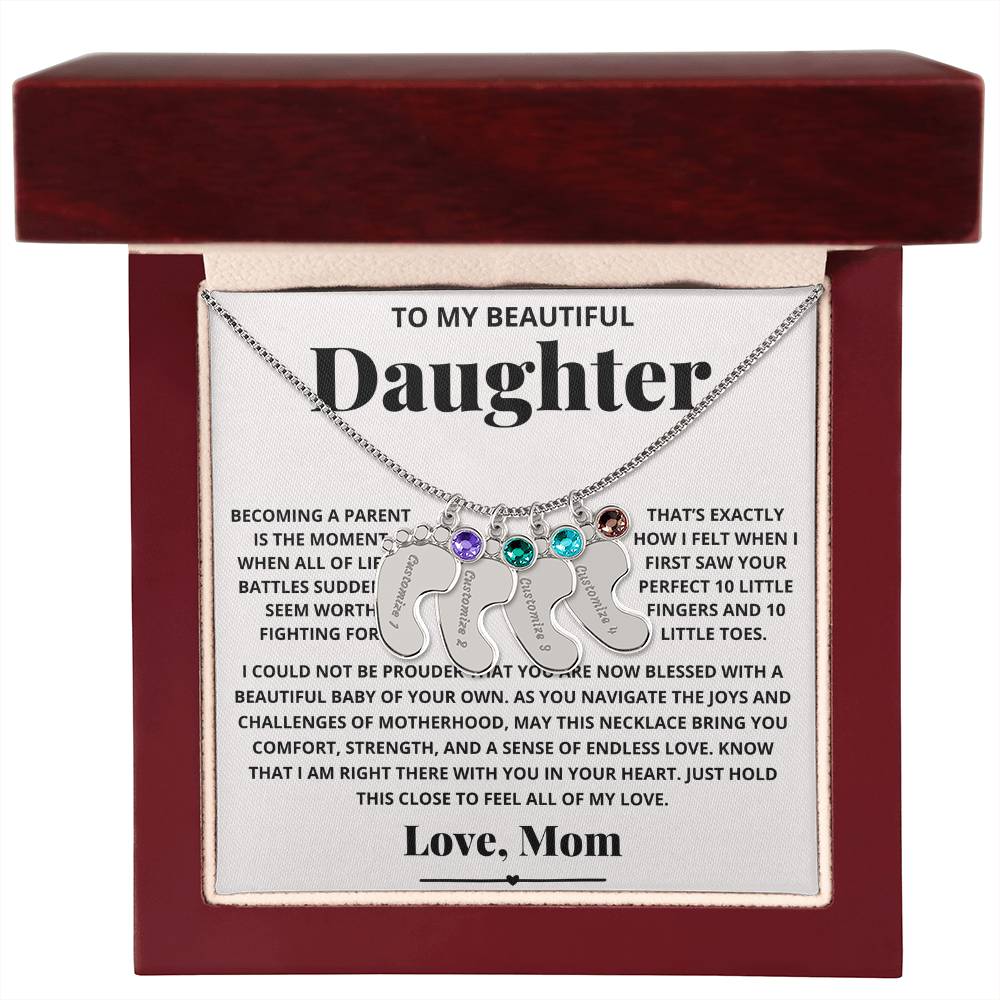 To My Beautiful New Mom Daughter from Mom - Engraved Baby Feet Necklace with Birthstone