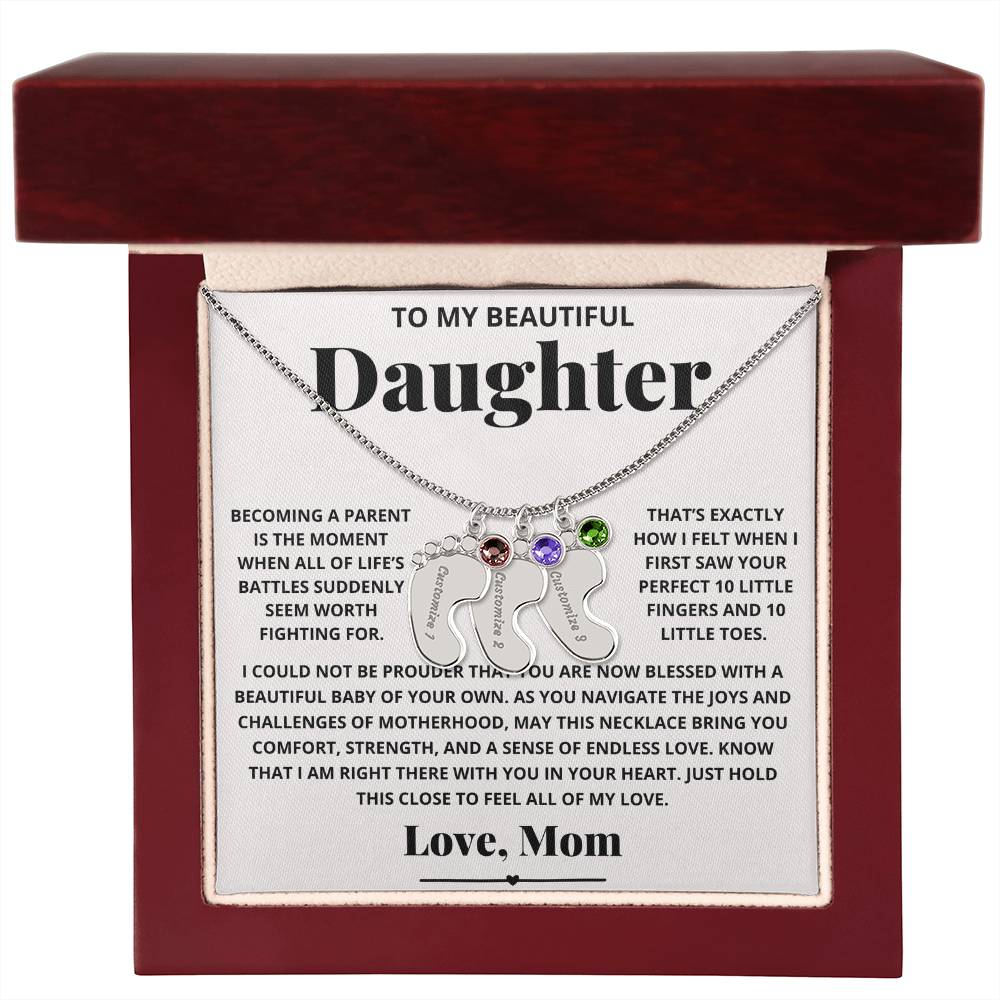 To My Beautiful New Mom Daughter from Mom - Engraved Baby Feet Necklace with Birthstone