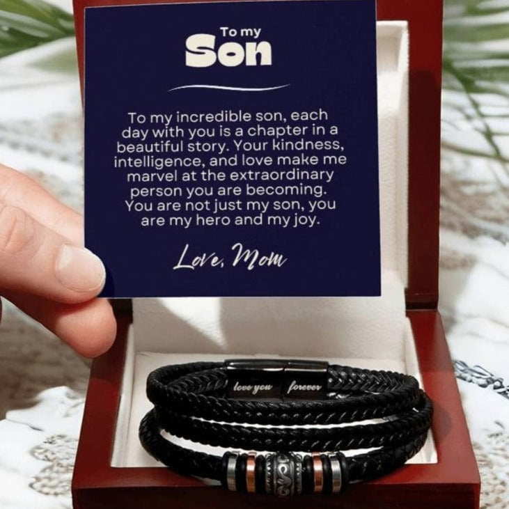 Sentimental Gift for Son from Mom - Love You Forever Braided Vegan Leather Bracelet