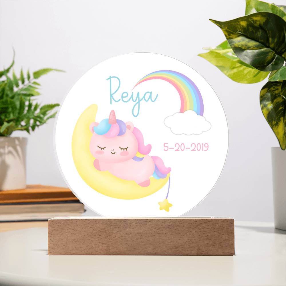 Custom Name and Birthdate Sleeping Unicorn Rainbow - LED Acrylic Night Light for Child