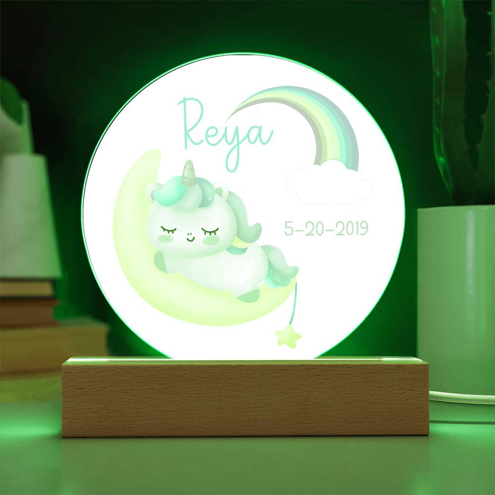 Custom Name and Birthdate Sleeping Unicorn Rainbow - LED Acrylic Night Light for Child