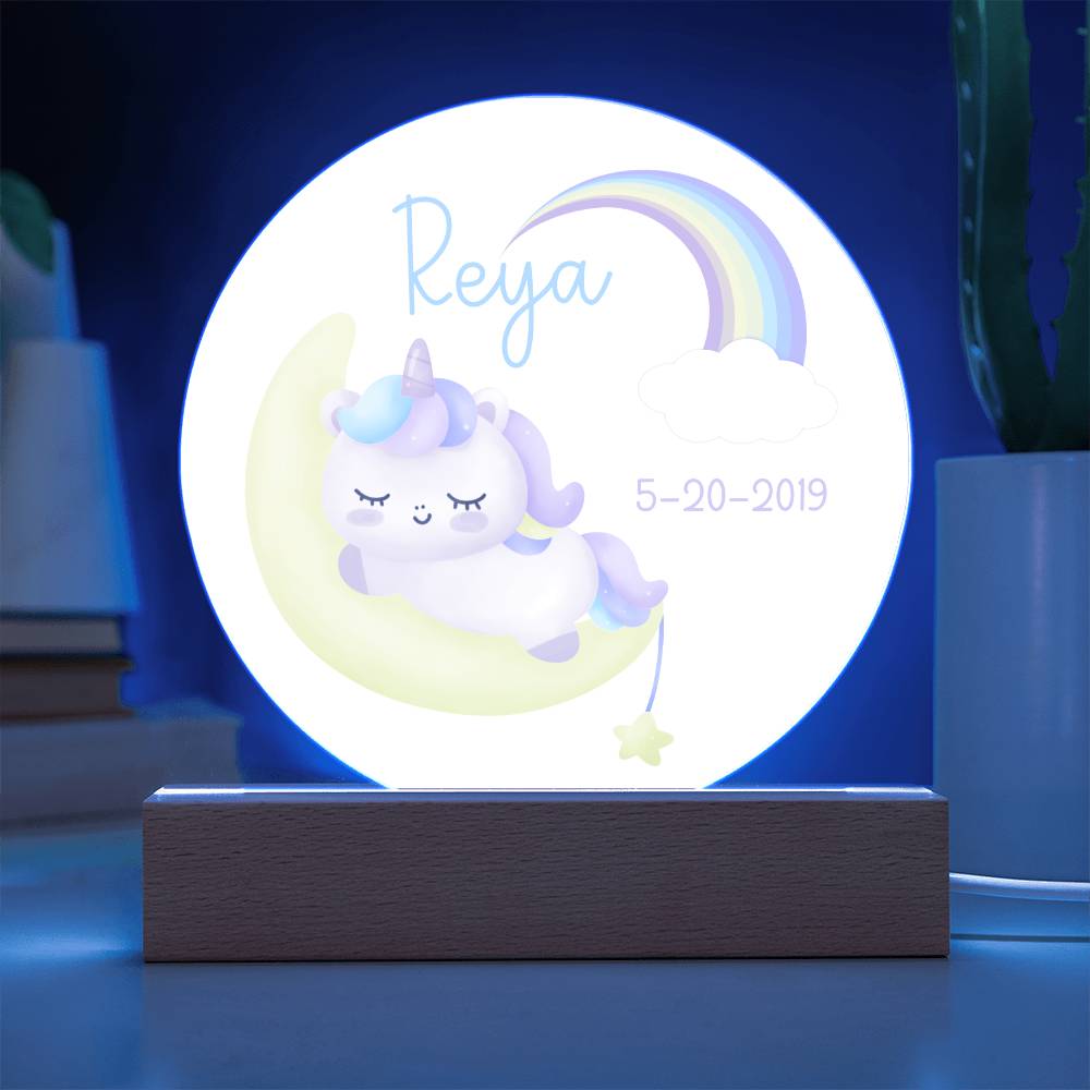 Custom Name and Birthdate Sleeping Unicorn Rainbow - LED Acrylic Night Light for Child