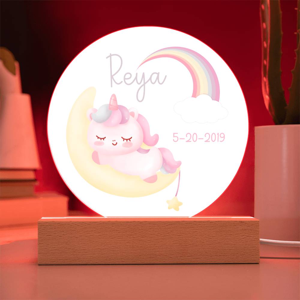 Custom Name and Birthdate Sleeping Unicorn Rainbow - LED Acrylic Night Light for Child