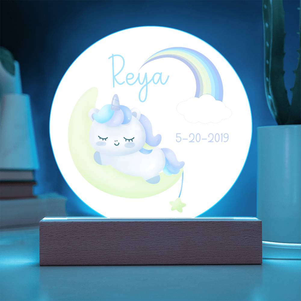 Custom Name and Birthdate Sleeping Unicorn Rainbow - LED Acrylic Night Light for Child