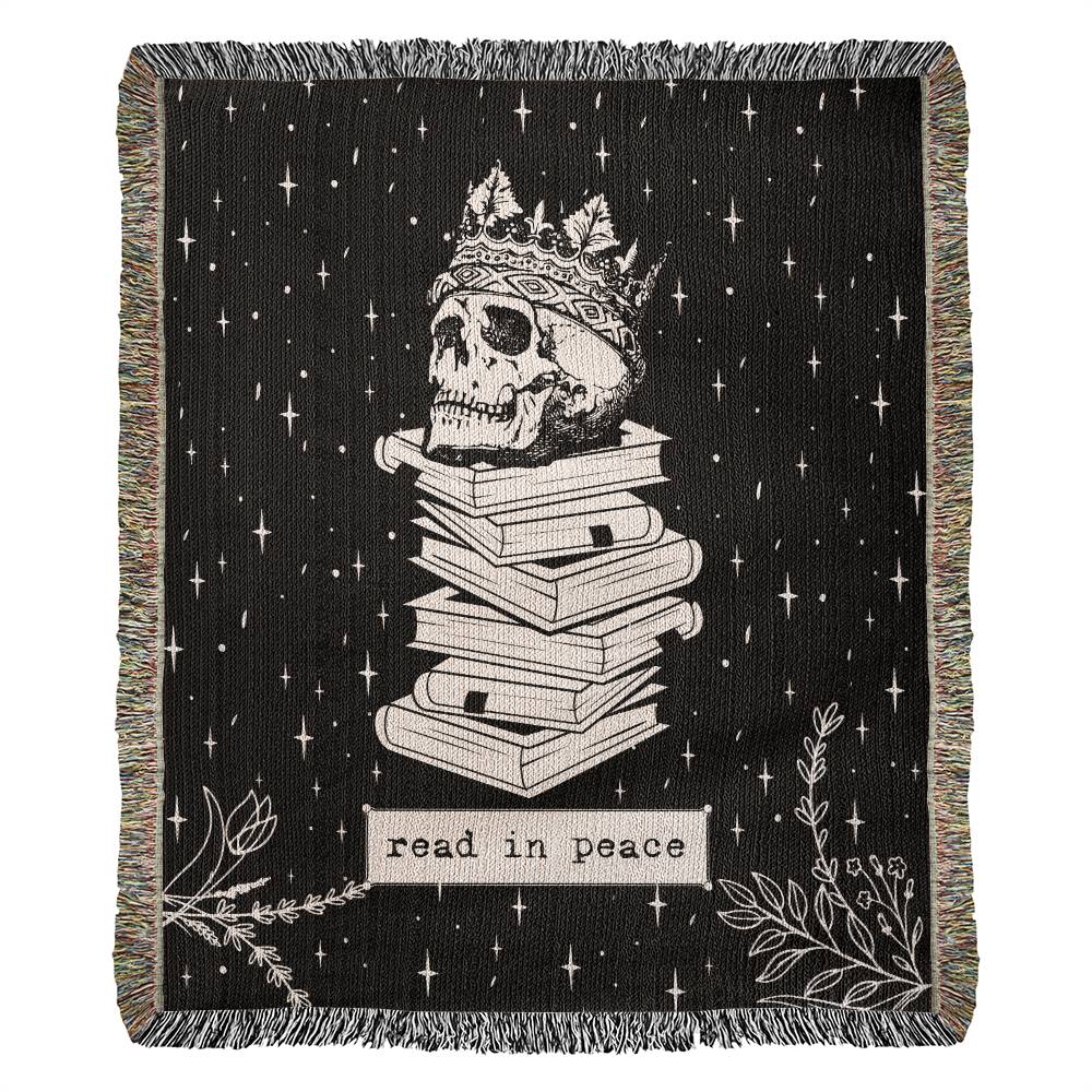 Read In Peace Skull Book Lover - Woven Heirloom black and white Blanket 