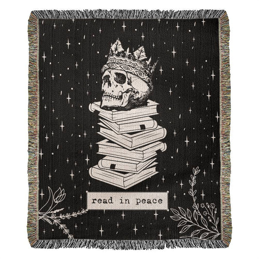 Read In Peace Skull Book Lover - Woven Heirloom black and white Blanket 