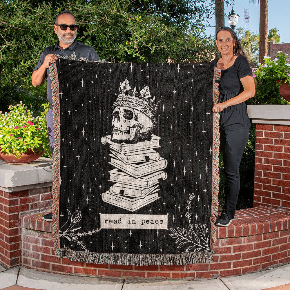 Read In Peace Skull Book Lover - Woven Heirloom black and white Blanket 