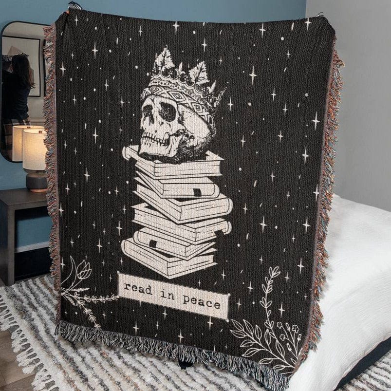 Read In Peace Skull Book Lover - Woven Heirloom black and white Blanket 