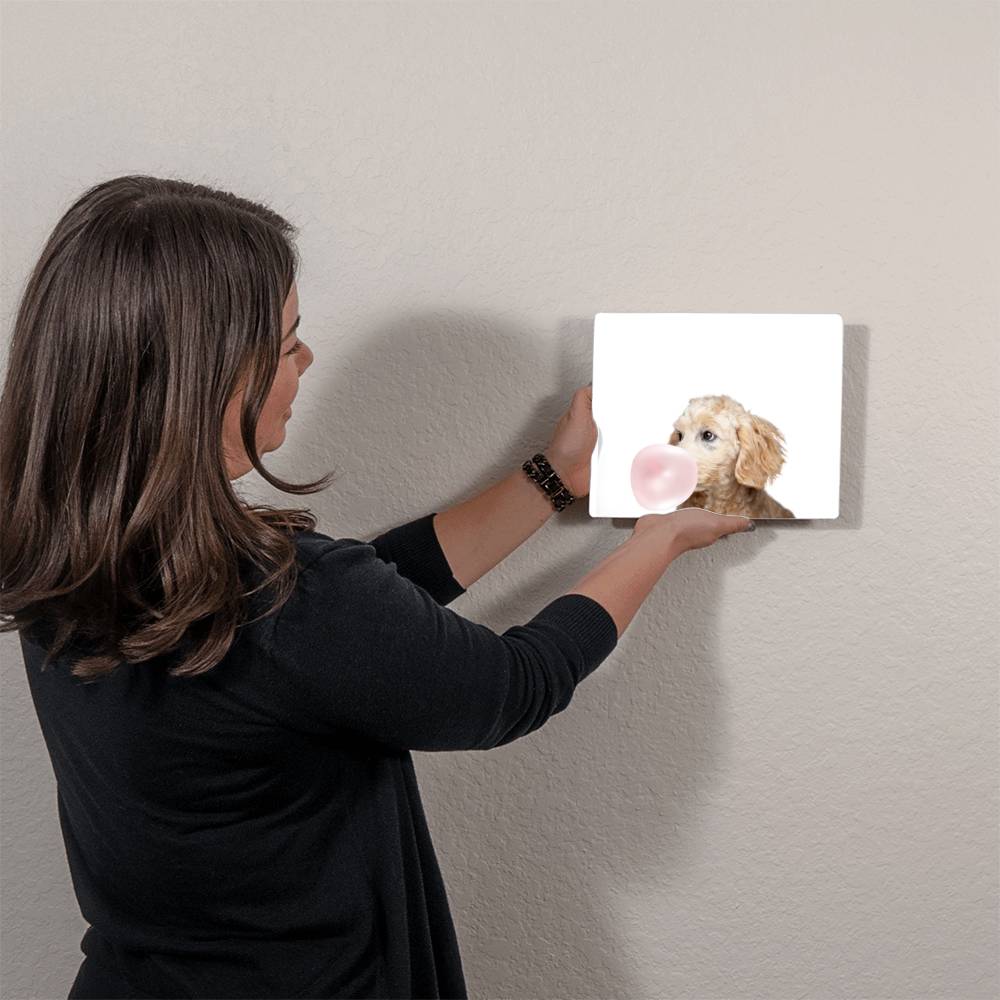 Cute Golden Doodle Blowing Bubblegum - Metal Wall Art