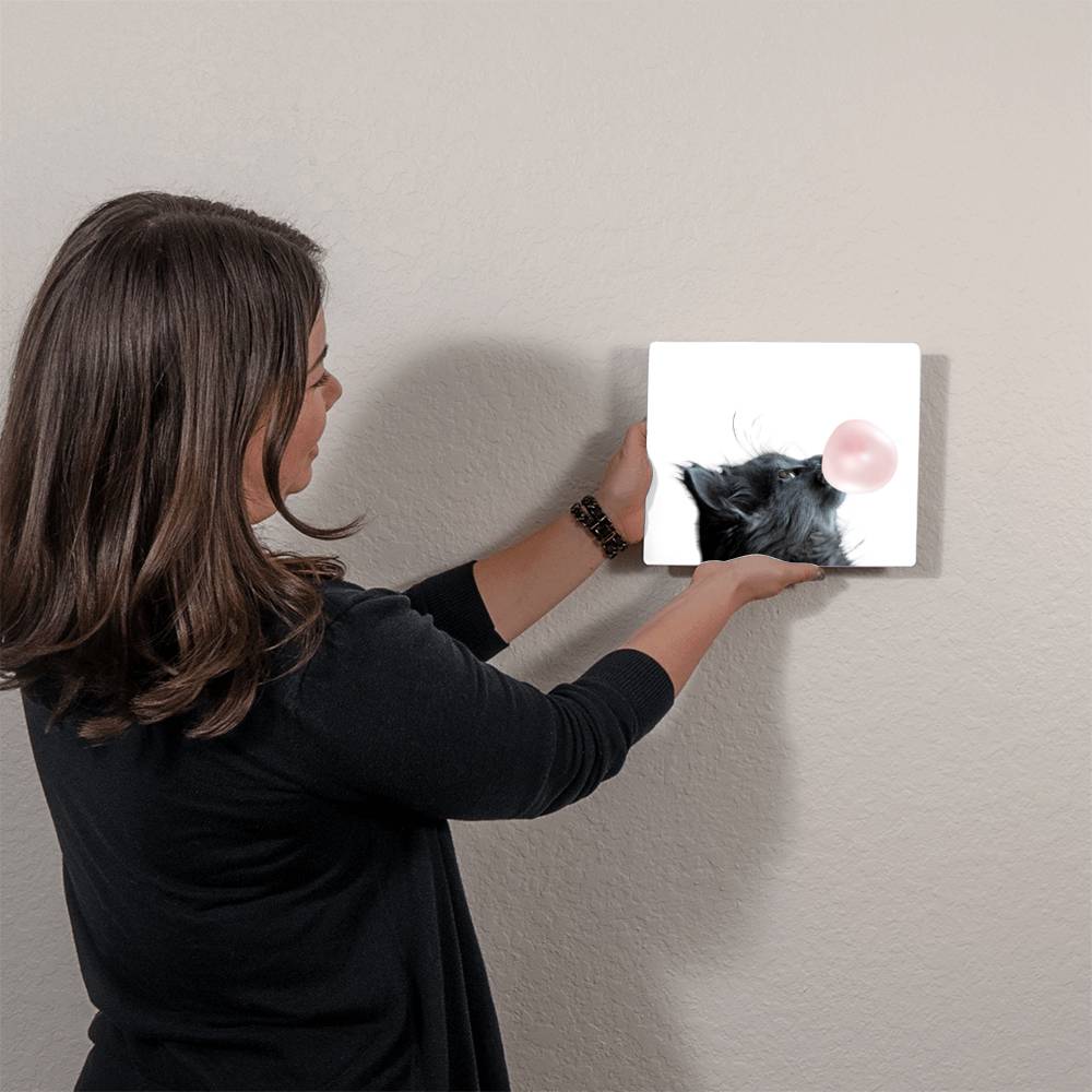 Cute Grey Cat Blowing Bubblegum - Metal Wall Art