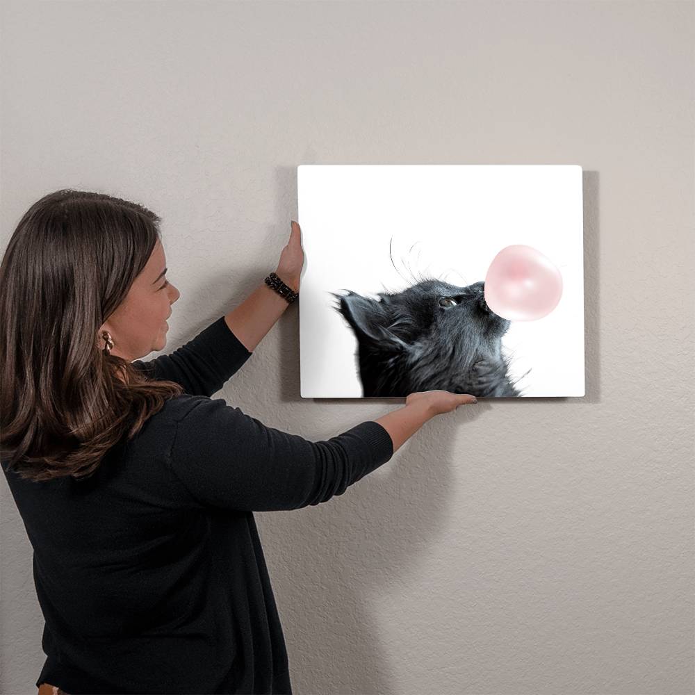 Cute Grey Cat Blowing Bubblegum - Metal Wall Art