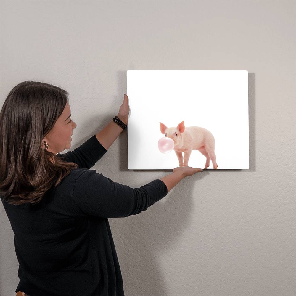 Cute Baby Pig Blowing Bubblegum - Metal Wall Art