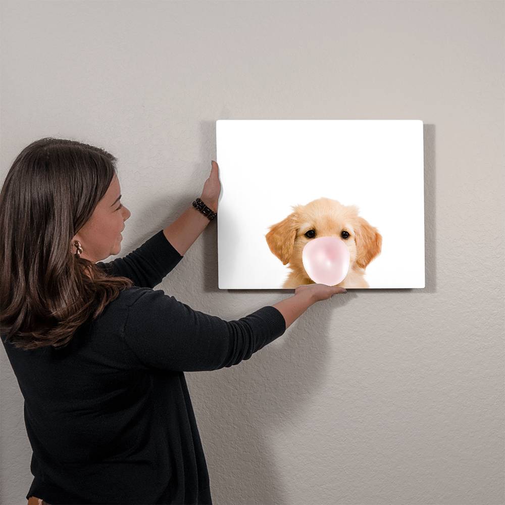 Cute Golden Retriever Puppy Blowing Bubblegum - Metal Wall Art