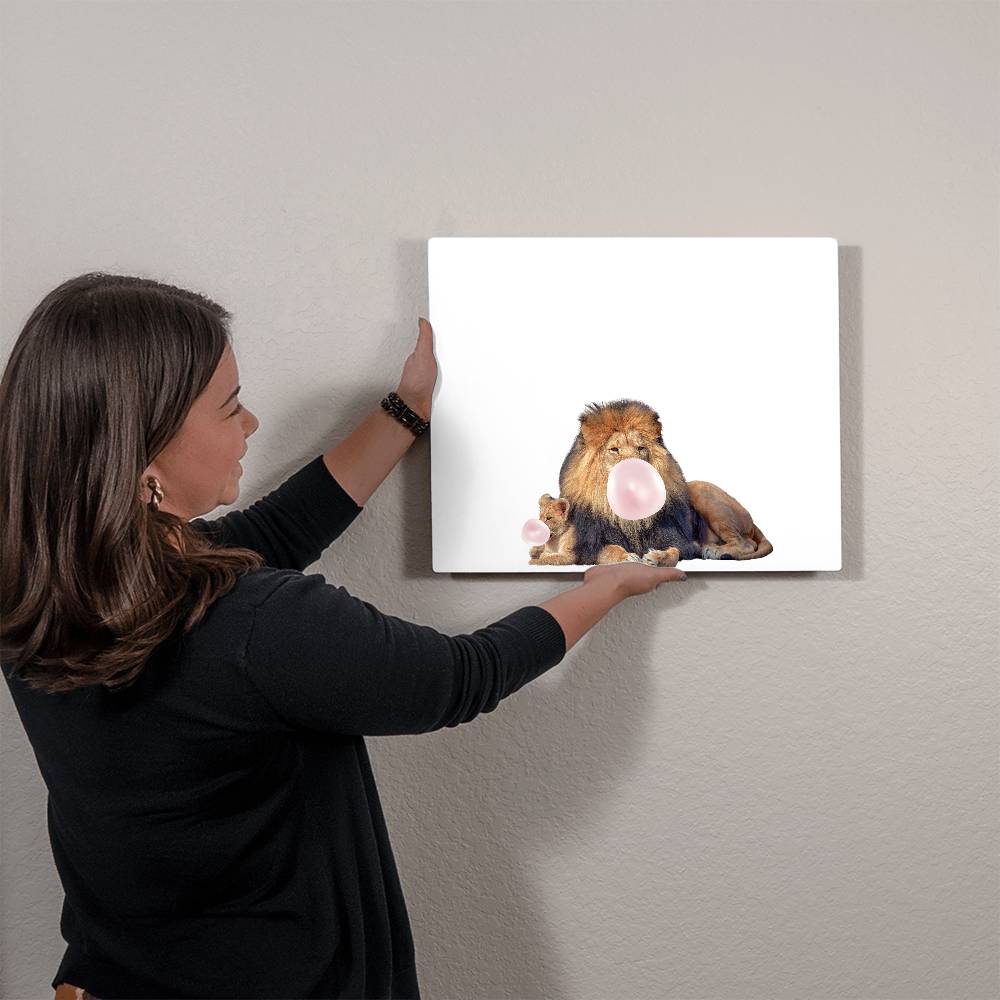 Dad and Baby Lion Blowing Bubblegum - Metal Wall Art