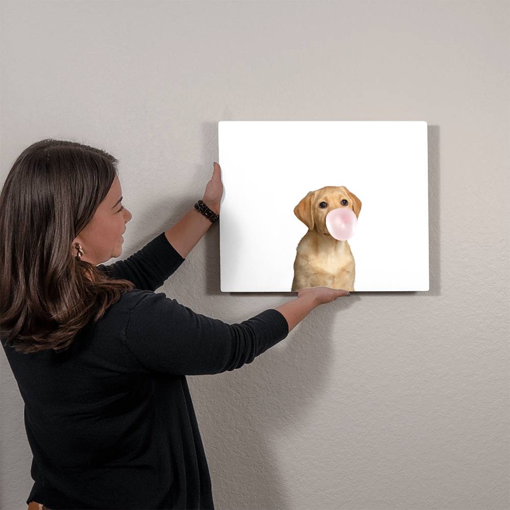 Cute Yellow Labrador Puppy Dog Blowing Bubblegum - Metal Wall Art