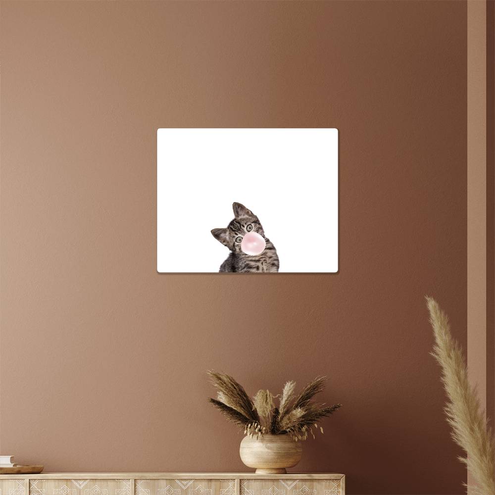 Cute Grey Tabby Kitten Blowing Bubblegum - Metal Wall Art