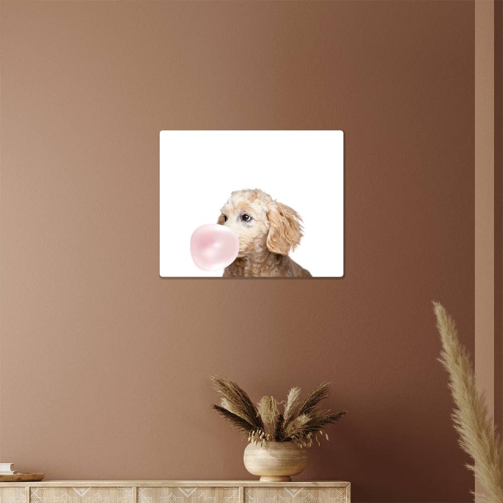 Cute Golden Doodle Blowing Bubblegum - Metal Wall Art