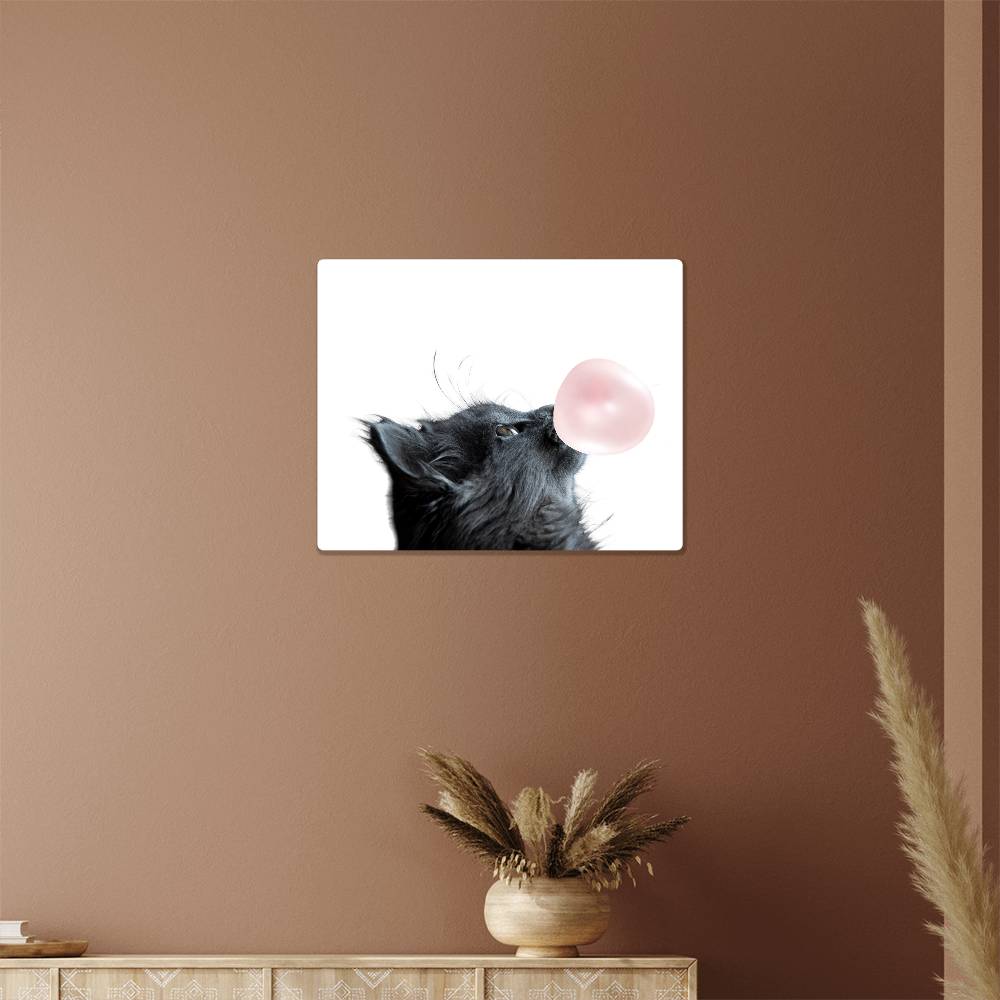 Cute Grey Cat Blowing Bubblegum - Metal Wall Art