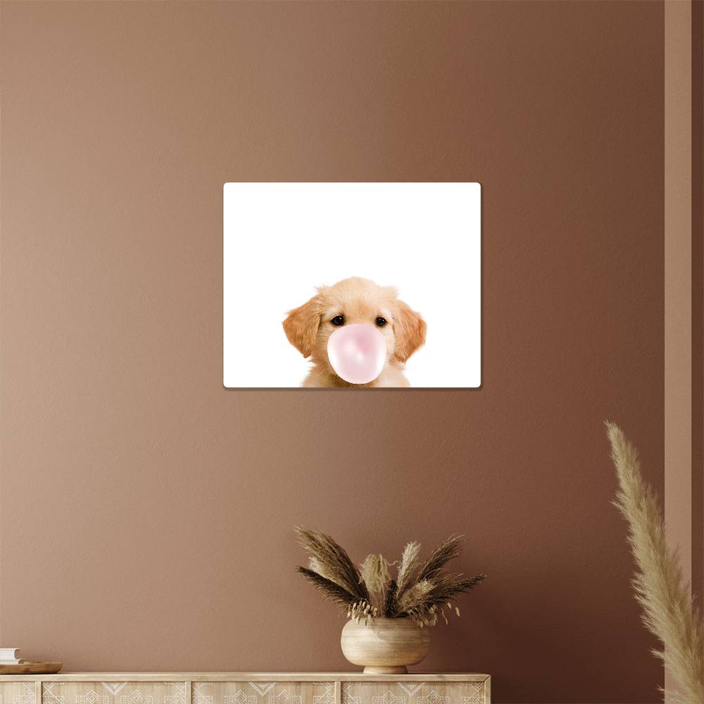 Cute Golden Retriever Puppy Blowing Bubblegum - Metal Wall Art