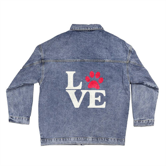 Pet Mom Love - Women's Oversized Printed Jean Jacket for Cat Mom Dog Mom