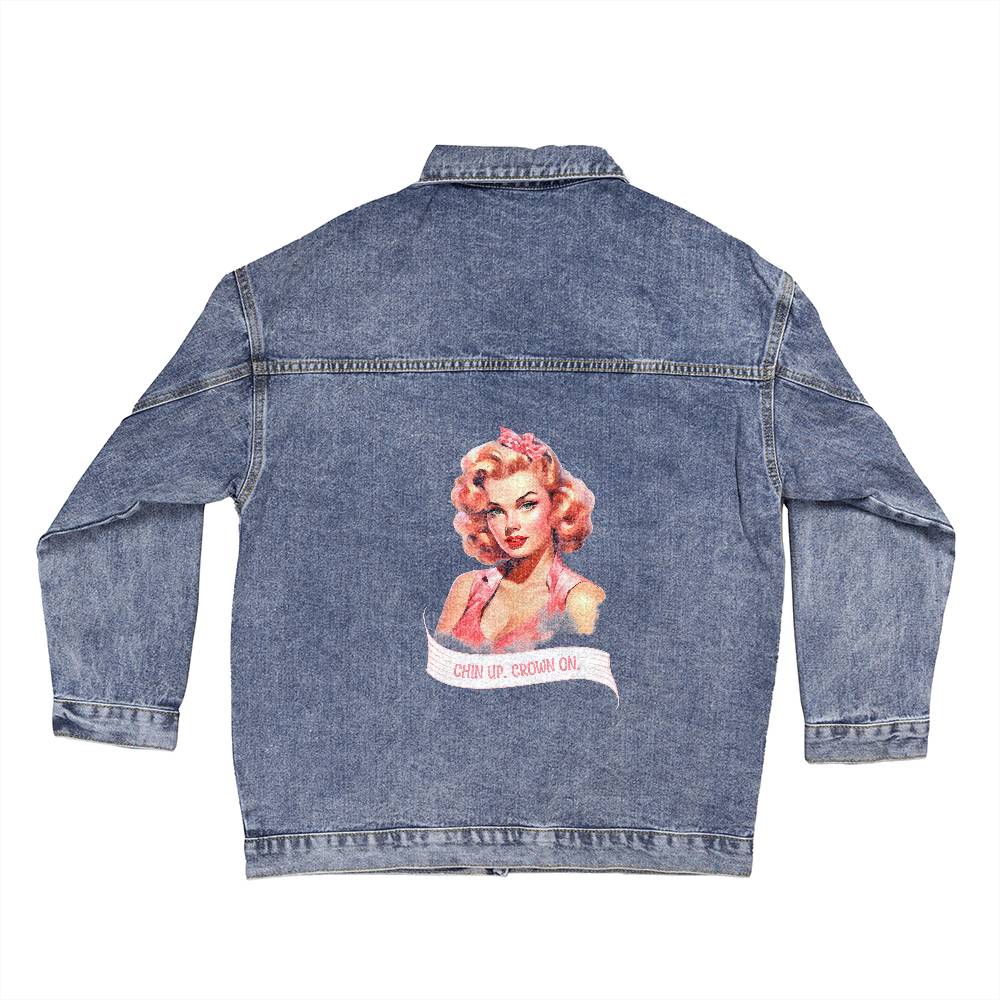 Chin Up Crown On Retro Pinup Women's Oversized Jean Jacket