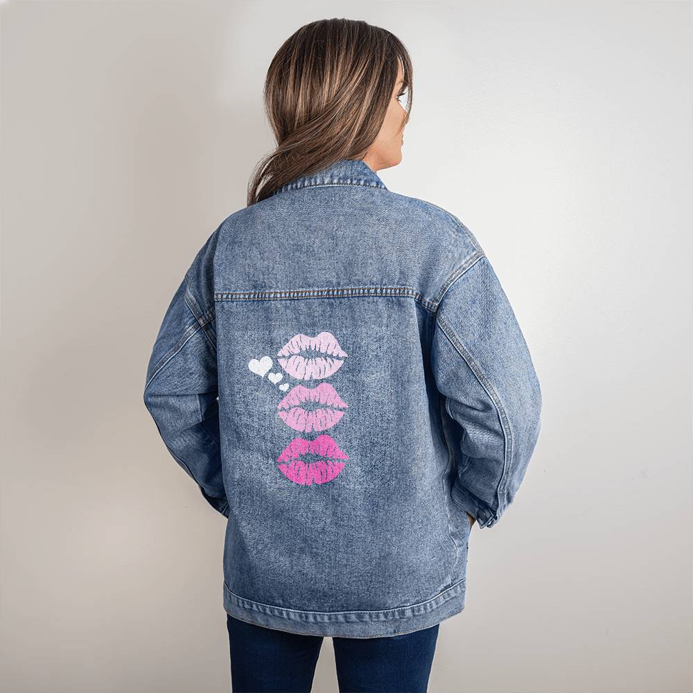 Lips with Hearts 90s Oversized Women's Jean Jacket