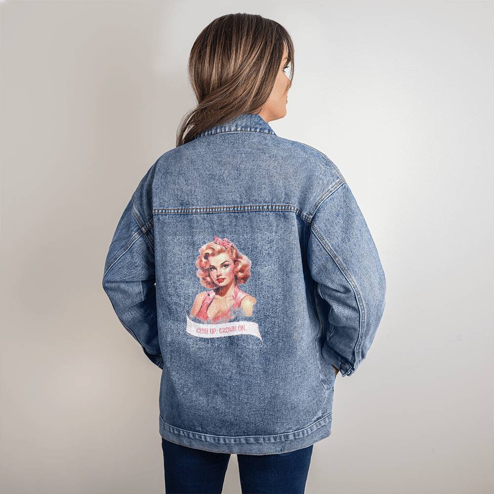 Chin Up Crown On Retro Pinup Women's Oversized Jean Jacket