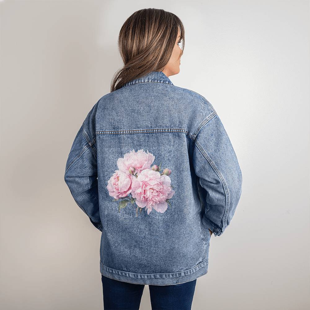 Pink Peonies Floral - Women's Oversized Jean Jacket