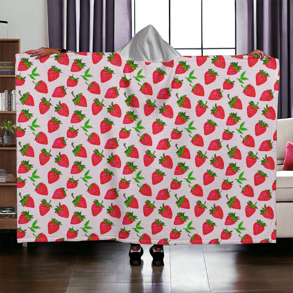 Adorable Cozy Strawberry Hooded Sherpa Fleece Blanket