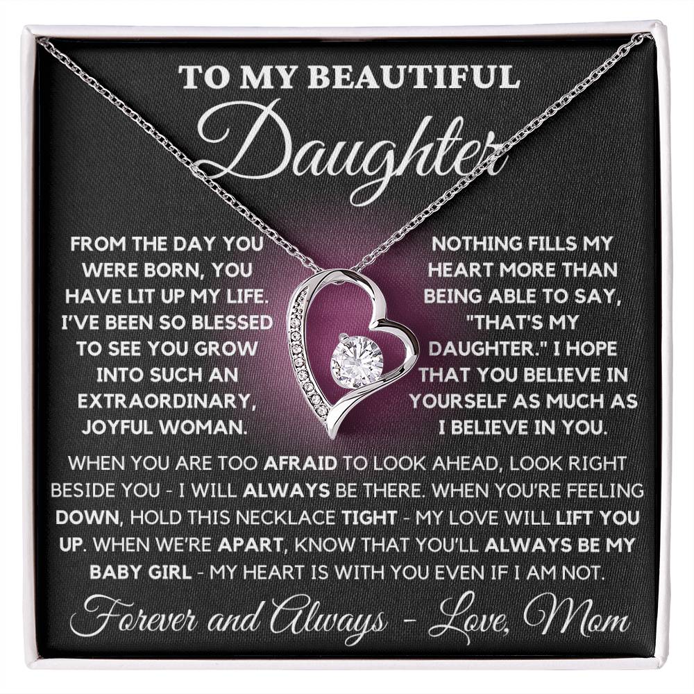 To My Beautiful Daughter - Forever Love Heart Necklace From Mom - Pink Center