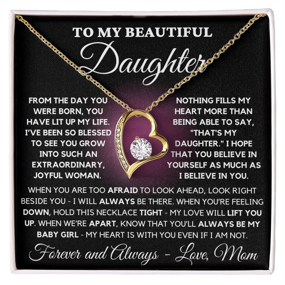 To My Beautiful Daughter - Forever Love Heart Necklace From Mom - Pink Center