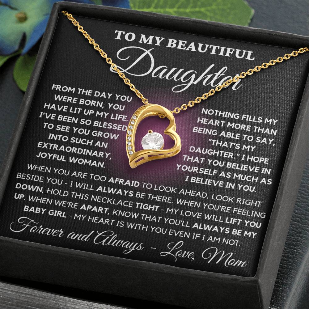 To My Beautiful Daughter - Forever Love Heart Necklace From Mom - Pink Center