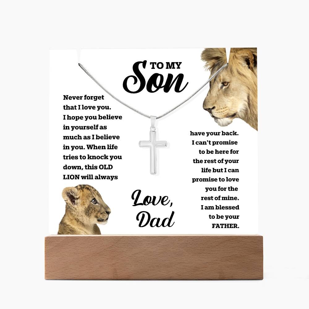 To My Son Old Lion Cross Necklace from Dad - LED Acrylic Plaque + Cross Necklace Bundle