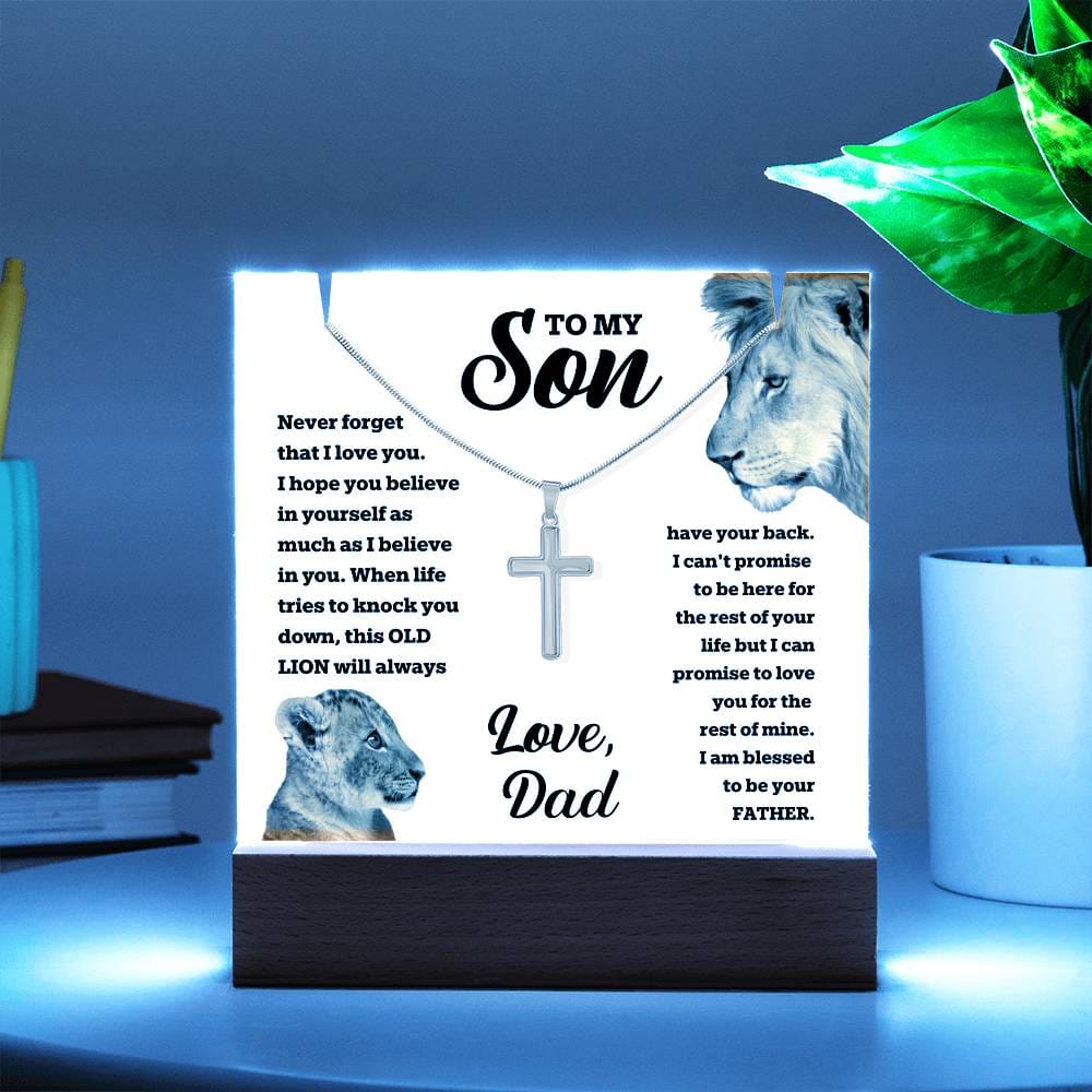 To My Son Old Lion Cross Necklace from Dad - LED Acrylic Plaque + Cross Necklace Bundle