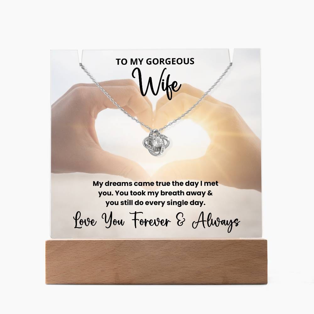 To My Gorgeous Wife Anniversary Wedding Present - LED Acrylic Plaque + Love Knot Necklace Bundle