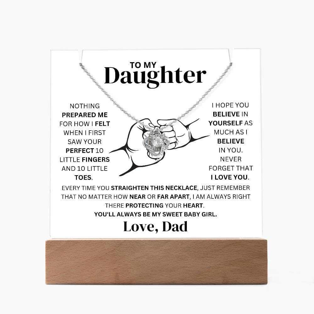 To My Daughter Love Dad Fist Bump Necklace Holder - LED Acrylic Plaque + Love Knot Necklace Bundle