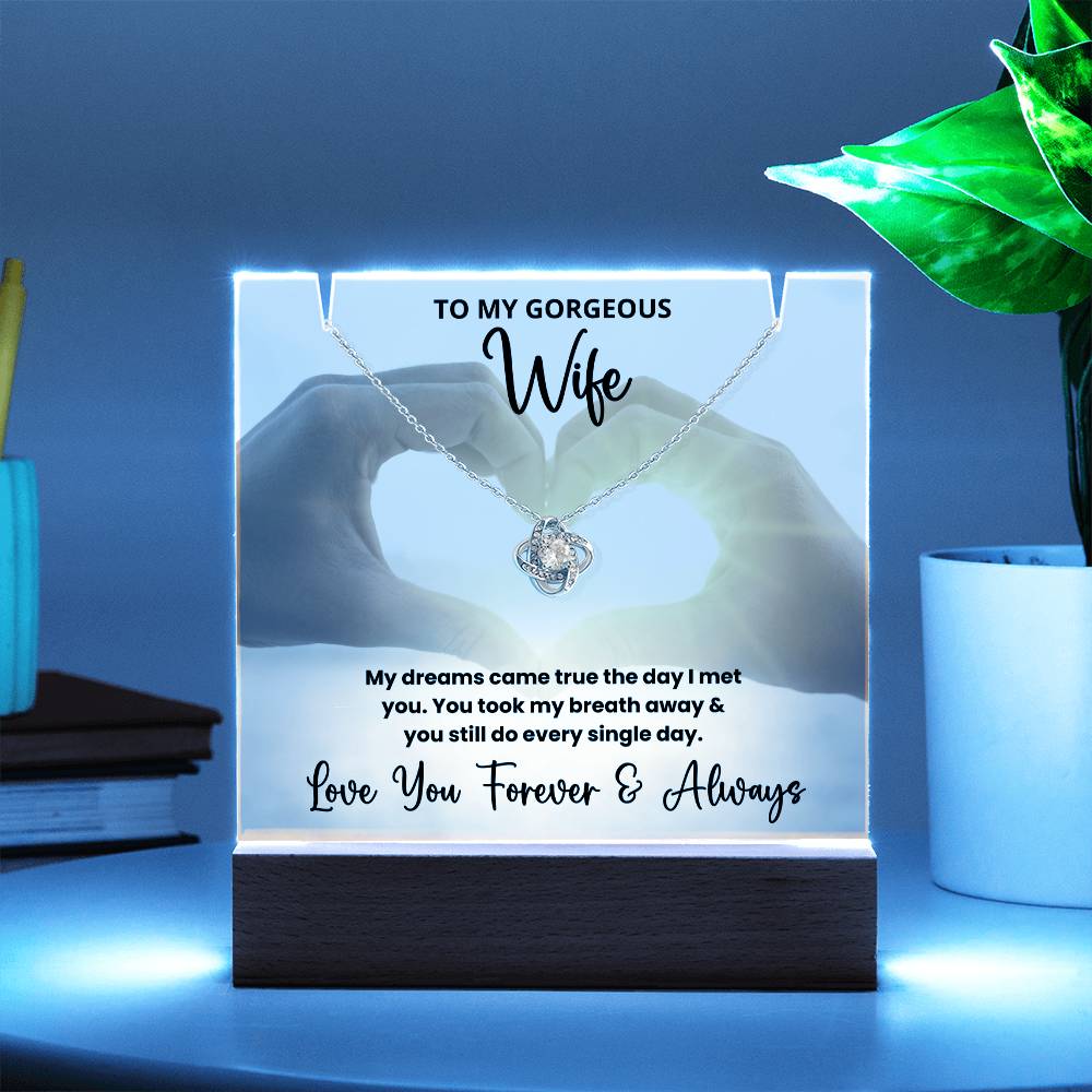 To My Gorgeous Wife Anniversary Wedding Present - LED Acrylic Plaque + Love Knot Necklace Bundle