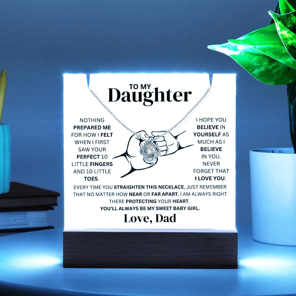 To My Daughter Love Dad Fist Bump Necklace Holder - LED Acrylic Plaque + Love Knot Necklace Bundle