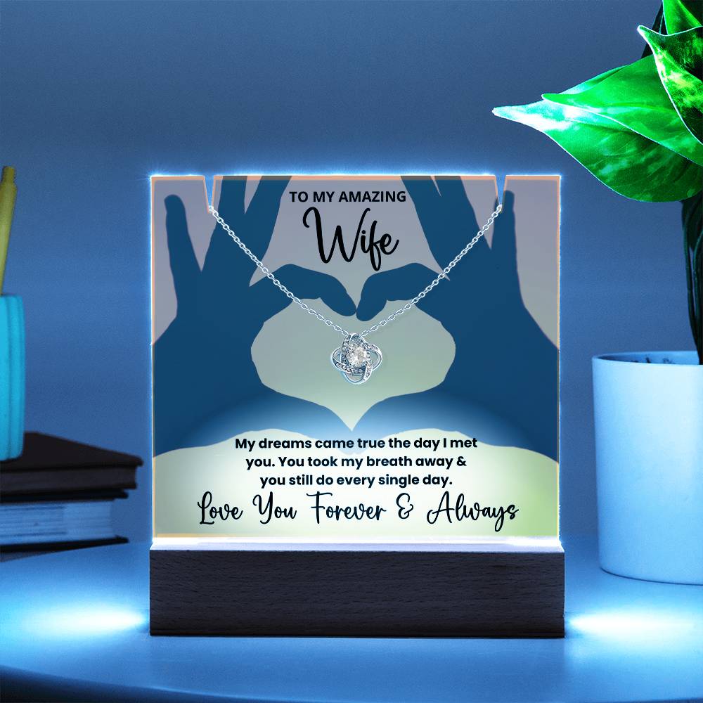 To My Amazing Wife Heart Hands - LED Acrylic Plaque + Love Knot Necklace Bundle