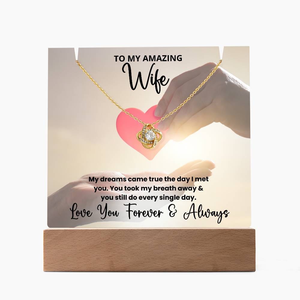 To My Amazing Wife Heart in Your Hands - LED Acrylic Plaque + Love Knot Necklace Bundle