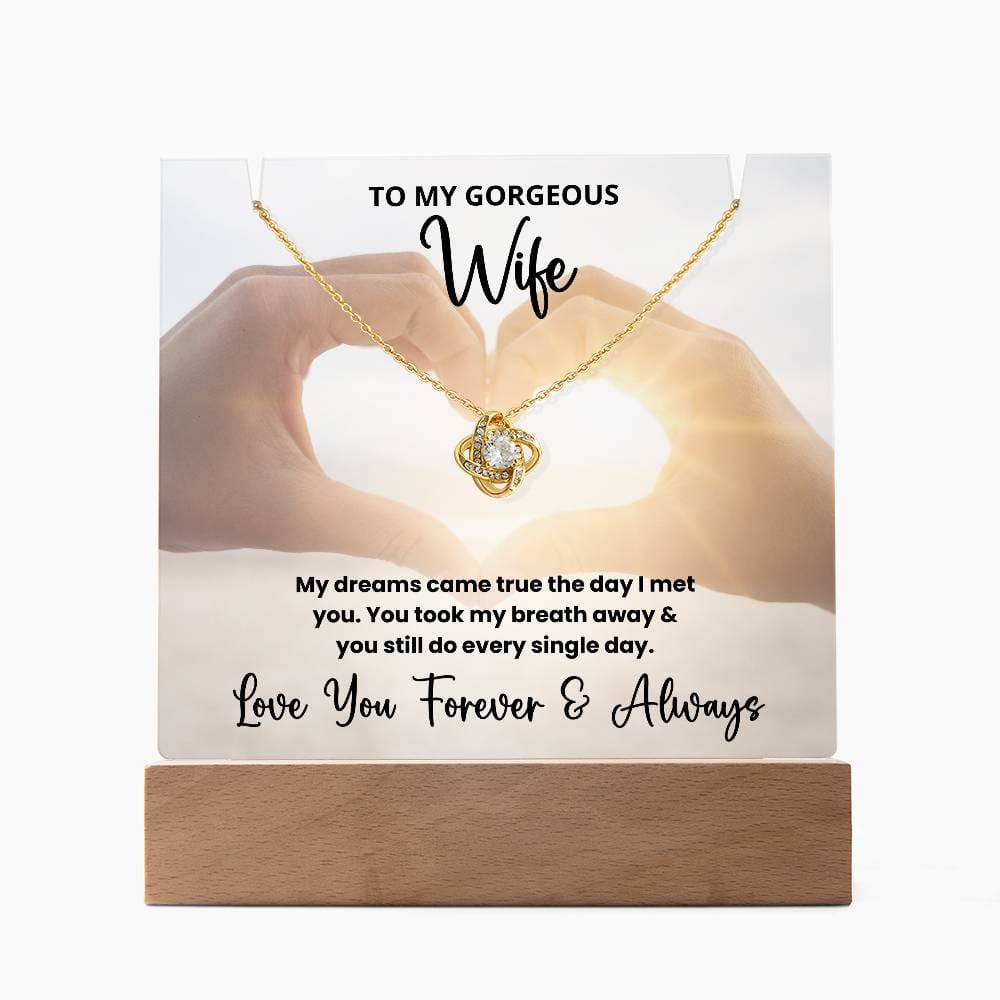 To My Gorgeous Wife Anniversary Wedding Present - LED Acrylic Plaque + Love Knot Necklace Bundle