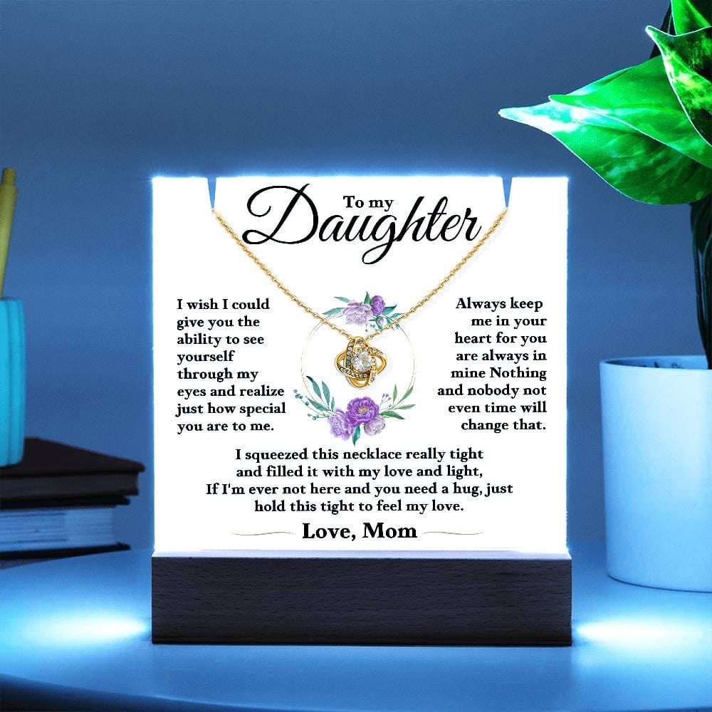 To My Daughter Floral Halo Love Mom - LED Acrylic Plaque + Love Knot Necklace Bundle