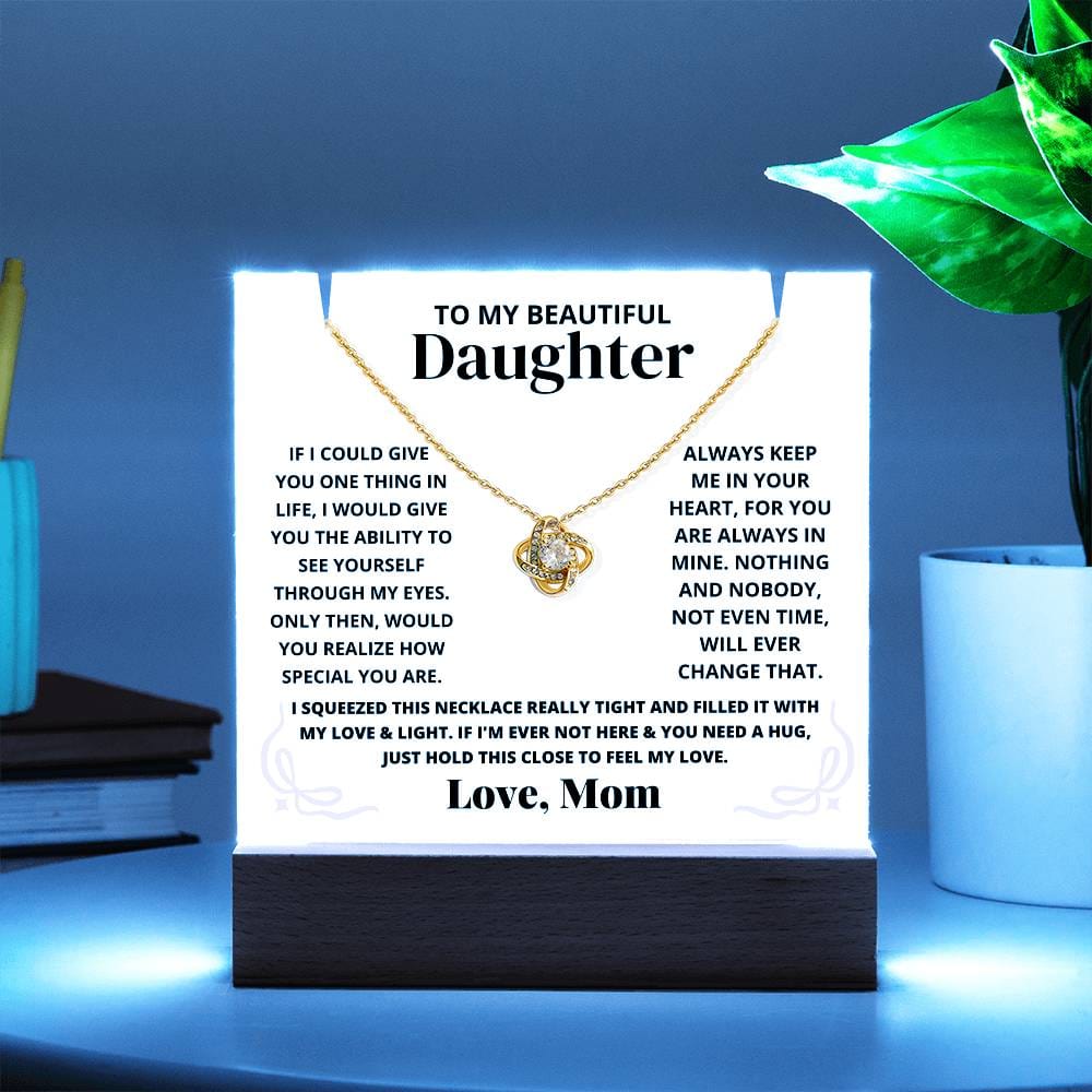 To My Beautiful Daughter Coquette LED Acrylic + Love Knot Necklace Bundle