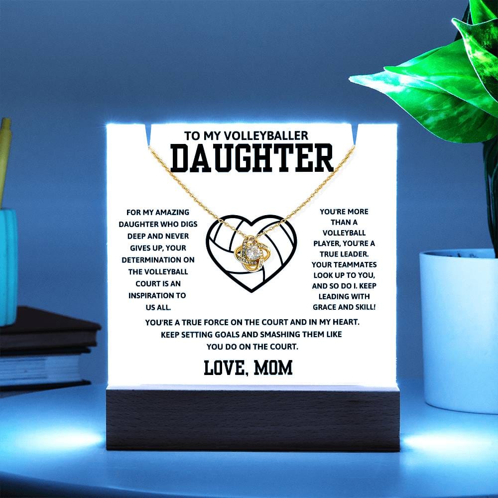 To My Volleyballer Daughter Love Mom - LED Acrylic Plaque + Love Knot Necklace Bundle