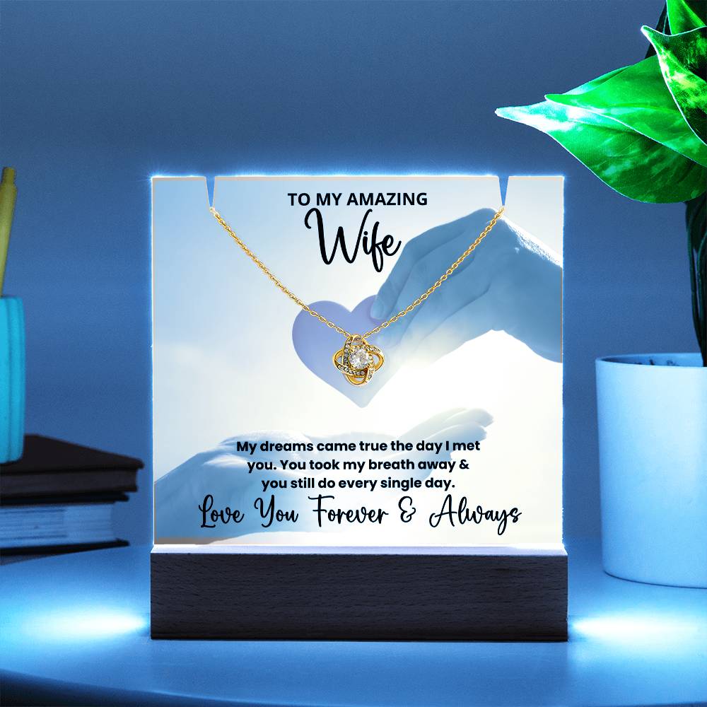 To My Amazing Wife Heart in Your Hands - LED Acrylic Plaque + Love Knot Necklace Bundle