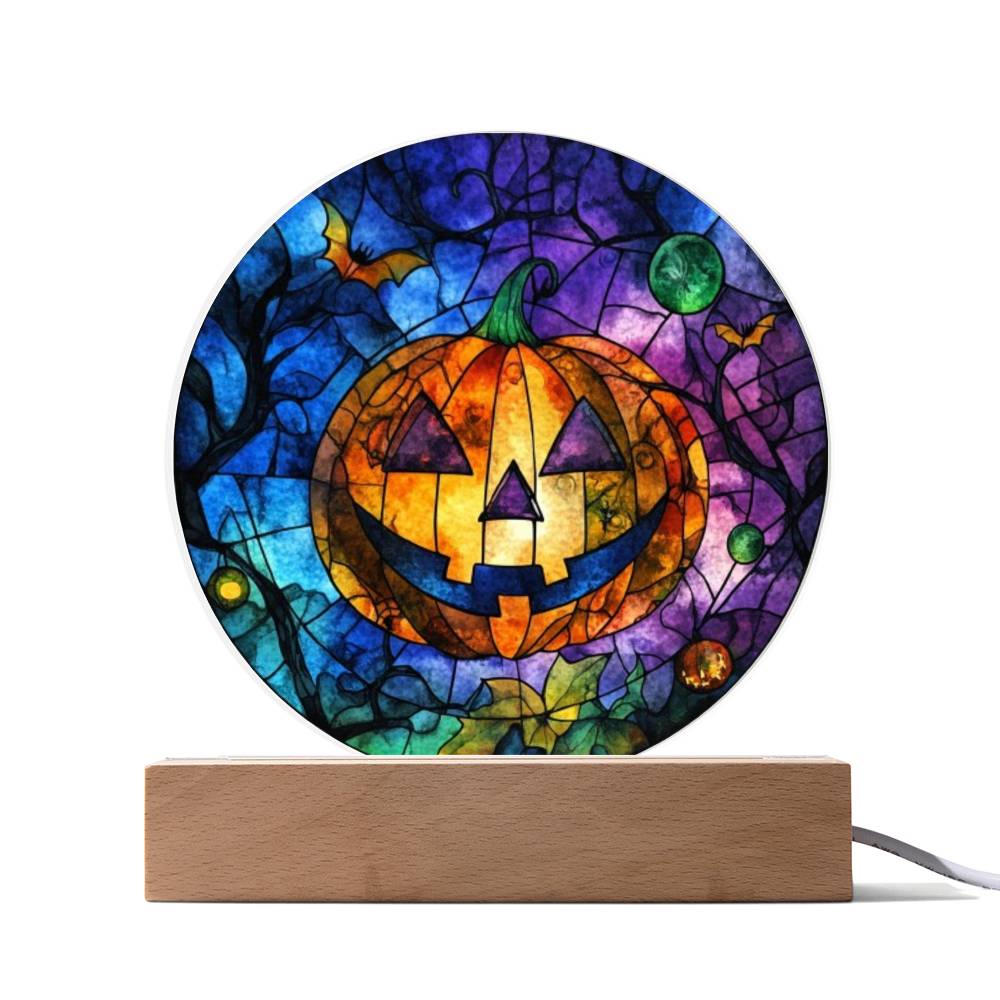 Custom Name Halloween Decoration Light Up Round Acrylic Plaque, Trick or Treat Party Light LED, Jack O Lantern Bats Witch Faux Stained Glass
