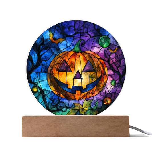 Custom Name Halloween Decoration Light Up Round Acrylic Plaque, Trick or Treat Party Light LED, Jack O Lantern Bats Witch Faux Stained Glass