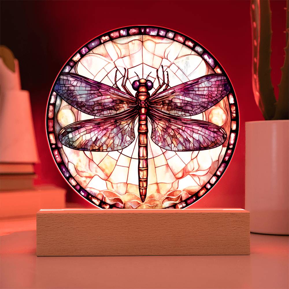 Dragonfly LED Night Light – Round Acrylic Plaque With Faux Stained Glass Glow