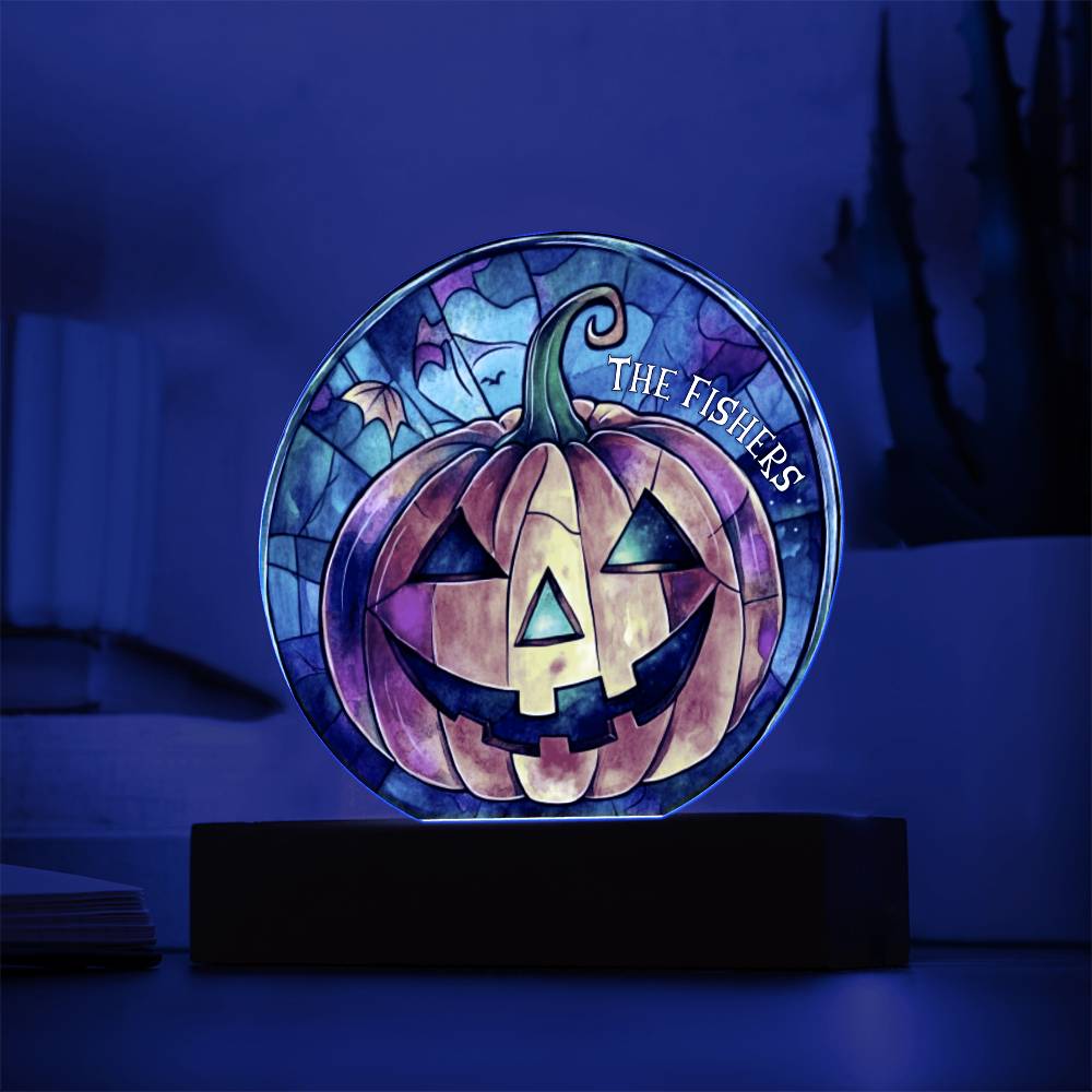 Custom Name Halloween Decoration Light Up Round Acrylic Plaque, Trick or Treat Party Light LED, Jack O Lantern Bats Witch Faux Stained Glass