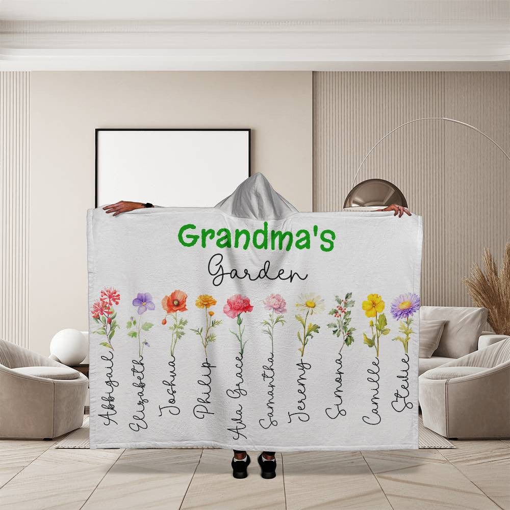 Grandma's Garden Custom Grandkids' Names & Birth Flowers Hooded Sherpa Fleece Blanket